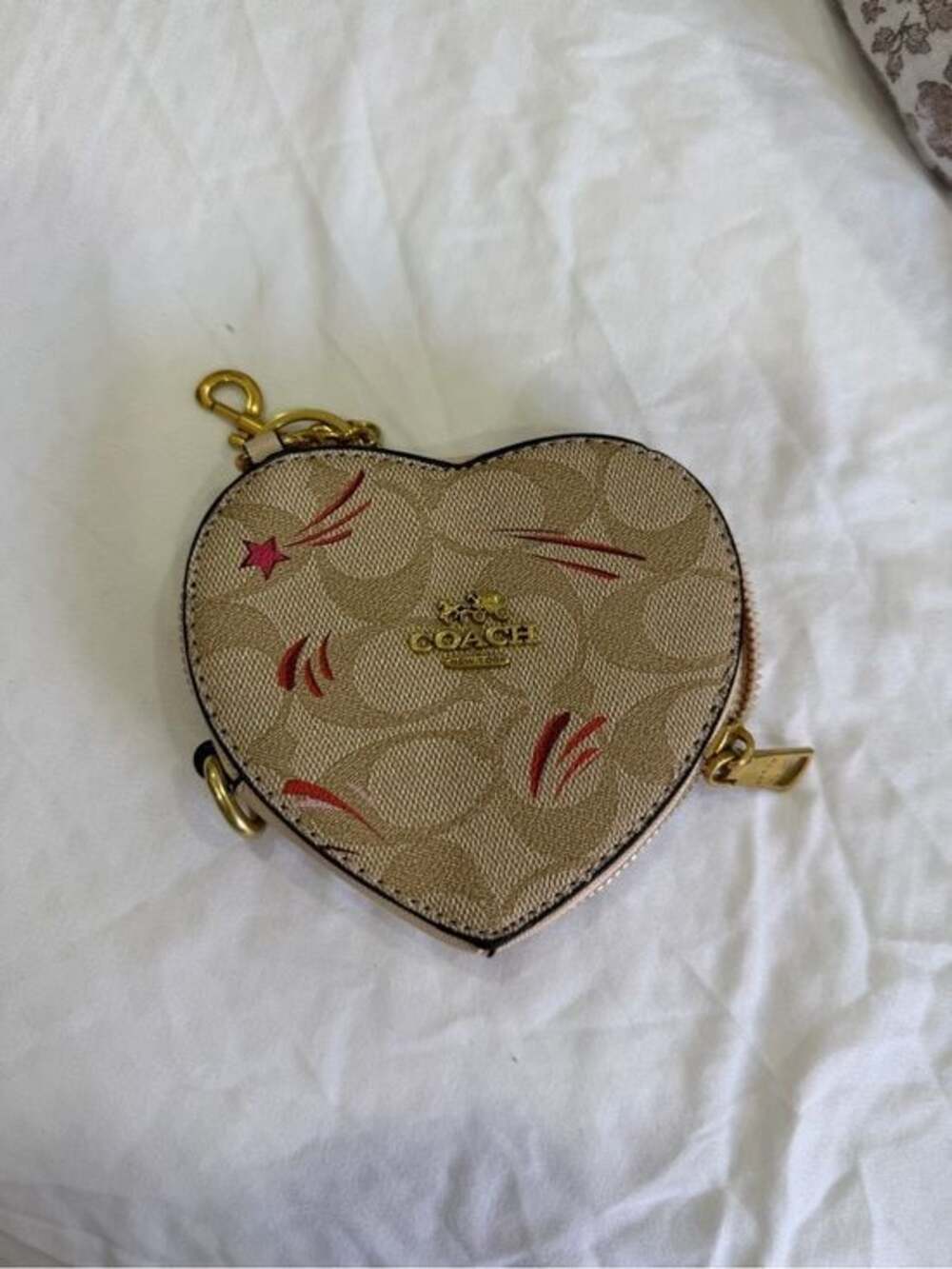 Coach Beige Signature Heart Coin Pouch with Red Accents